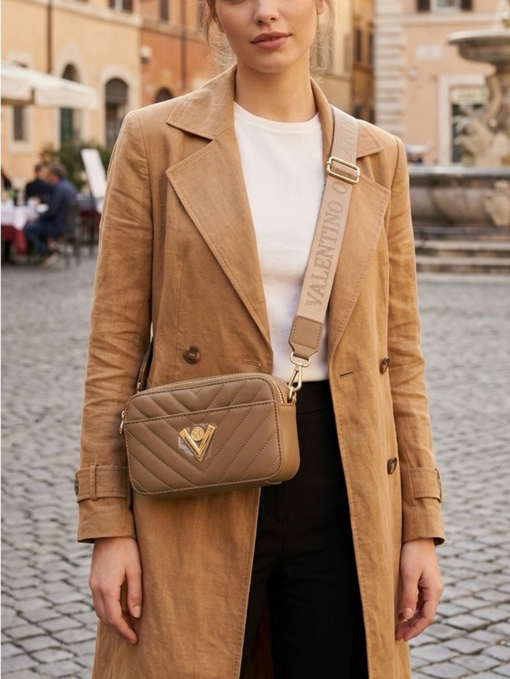Valentino Orlandi Quilted Crossbody Bag in Camel Brown with Gold V Emblem